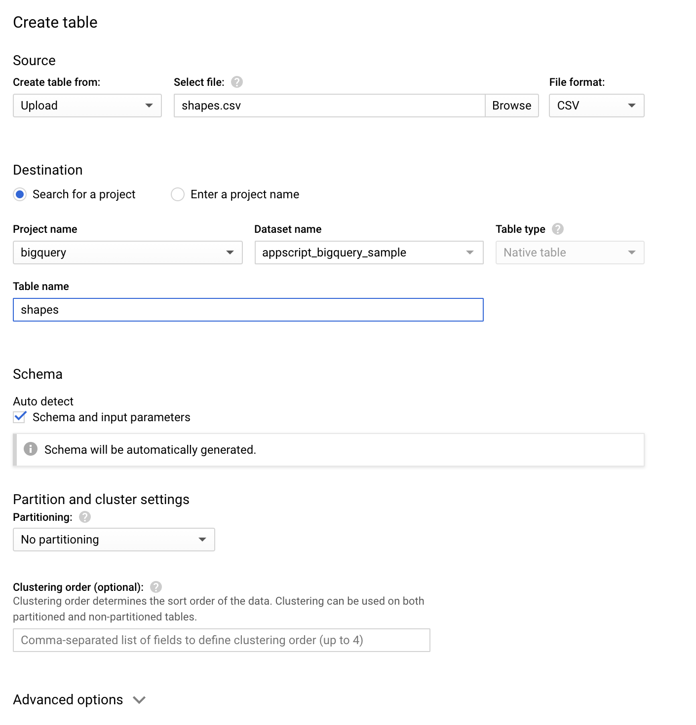 Screenshot of BigQuery Table Creation using uploaded CSV with autodetect